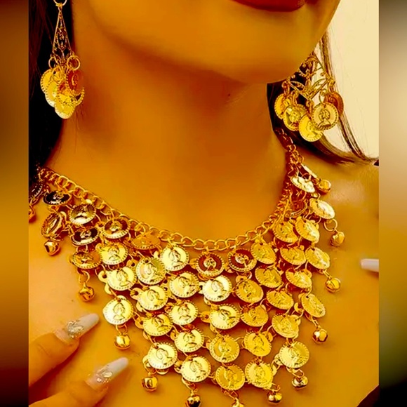 BOHO STYLE EARRINGS + NECKLACE SET GOLDEN COIN DESIGN NEW - Picture 5 of 5